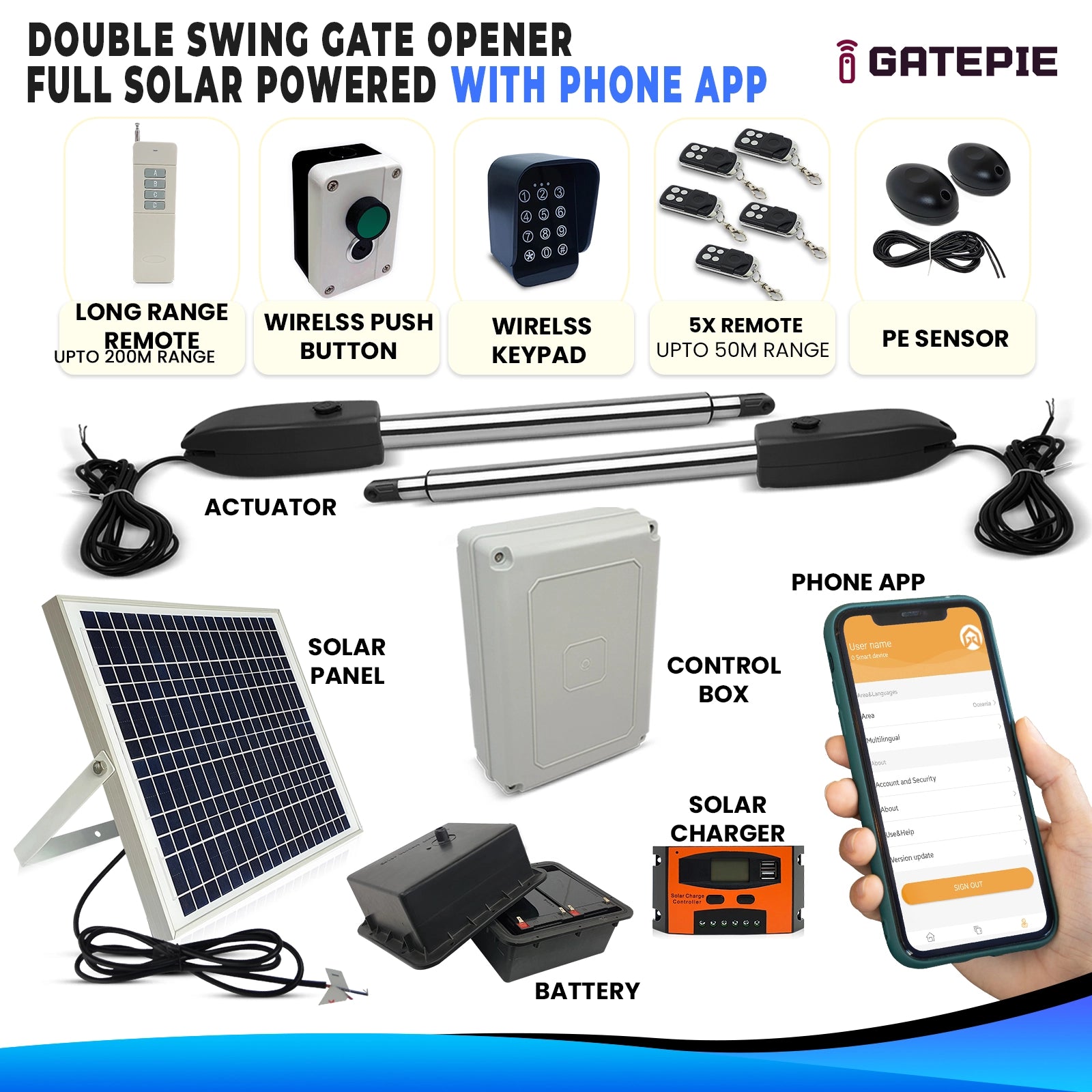 gatomate solar power double swing gate opener